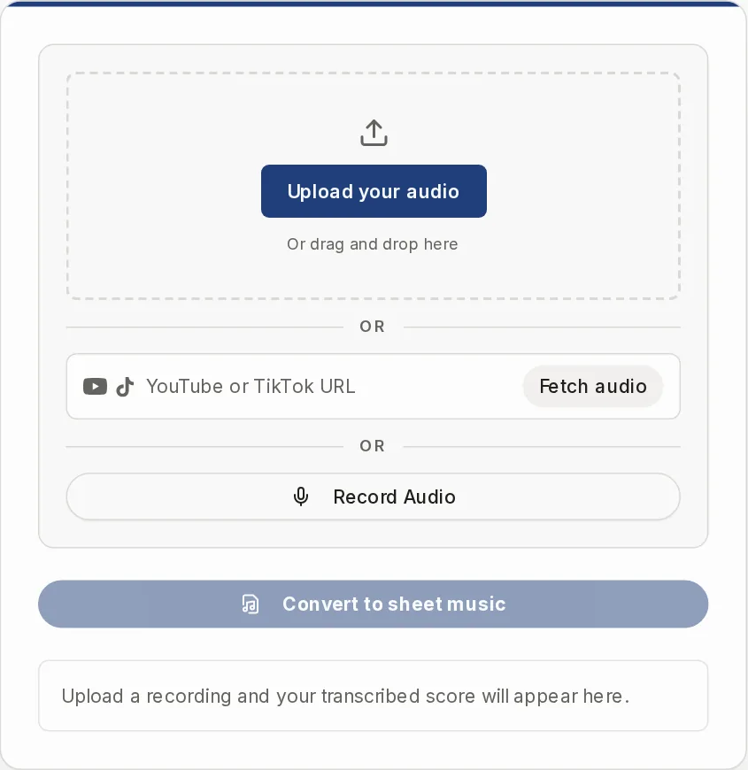 The Partiturmaker audio to sheet music converter before upload, with the upload box, the link field, the Record Audio button and the instrument and engine choice