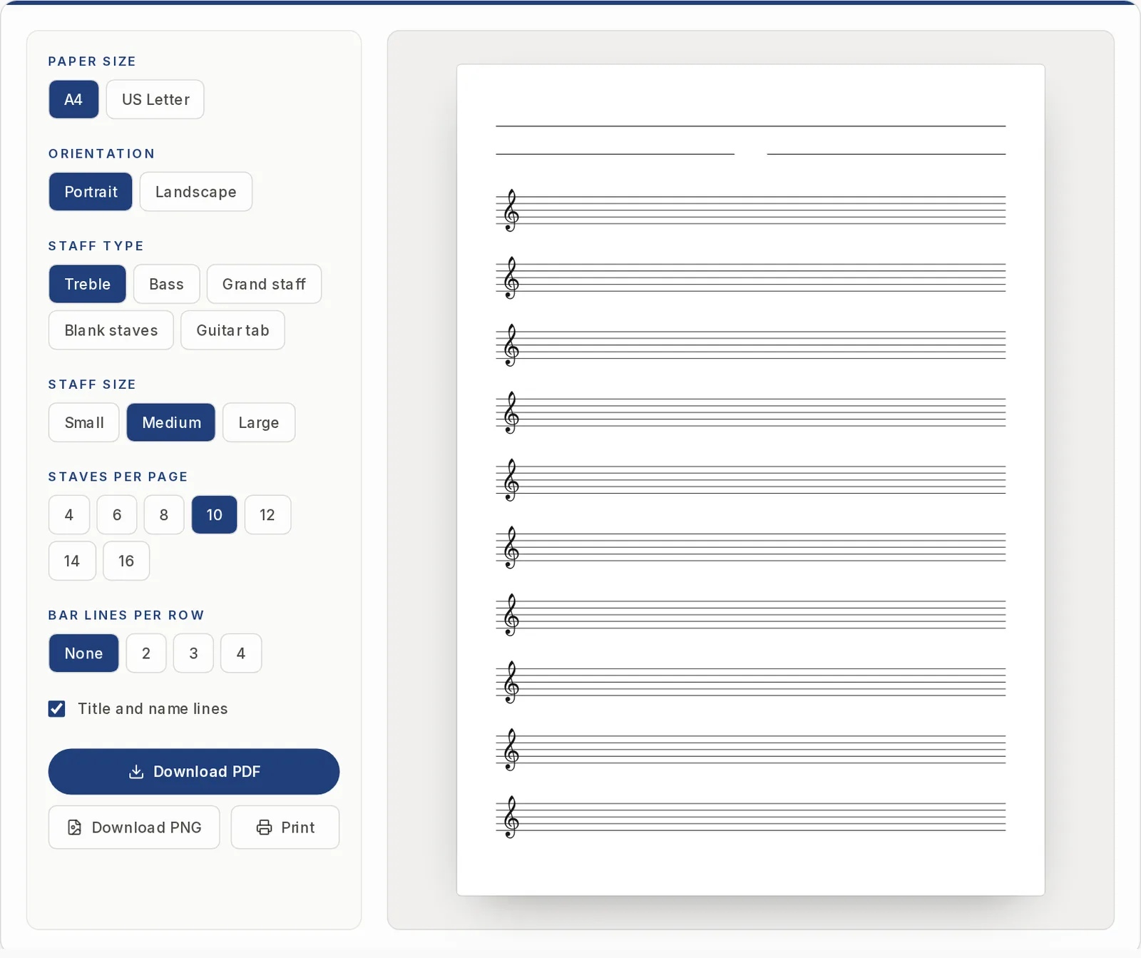 The Partiturmaker blank sheet music generator with its options on the left and a live preview of treble clef staff paper on the right
