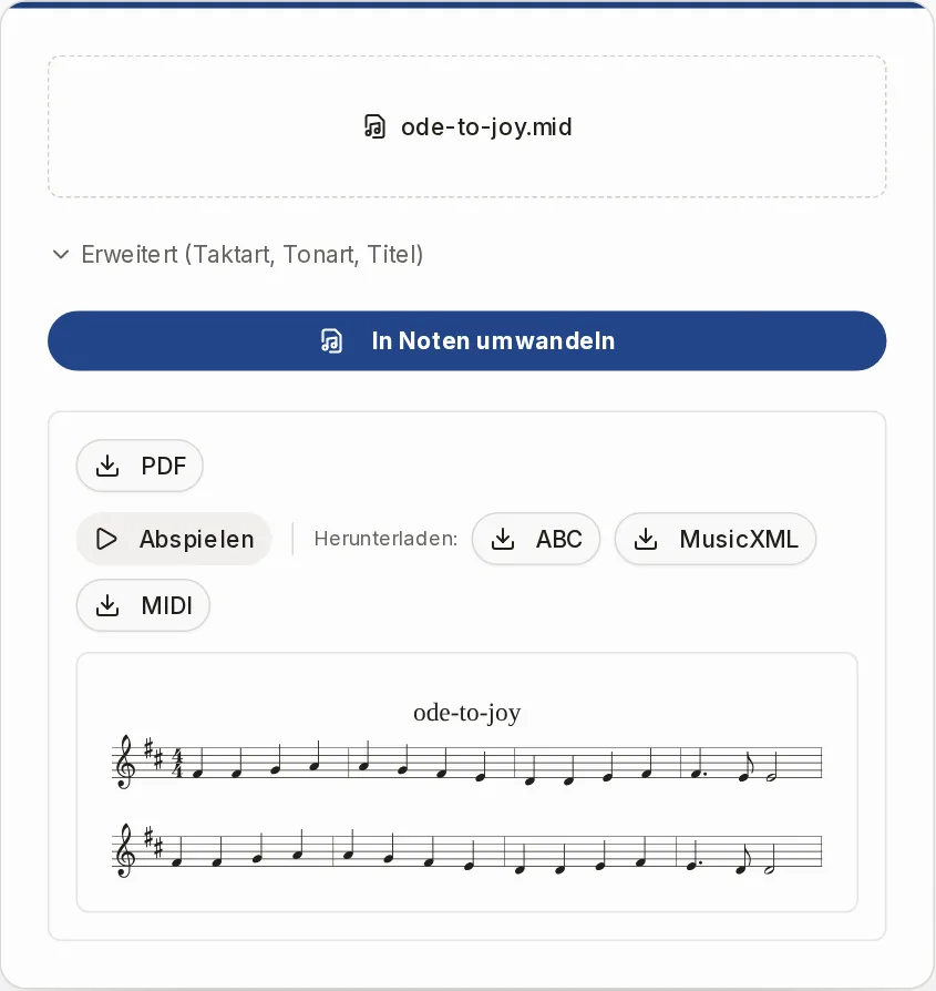 Umgewandeltes Notenblatt mit Abspielen und den Downloads PDF, MusicXML, ABC und MIDI