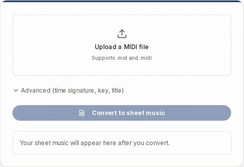 The MIDI upload box with the advanced options for time signature, key signature and score title