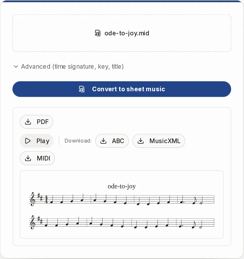 A converted score on a piano grand staff with the Play button and the PDF, MusicXML, ABC and MIDI download buttons