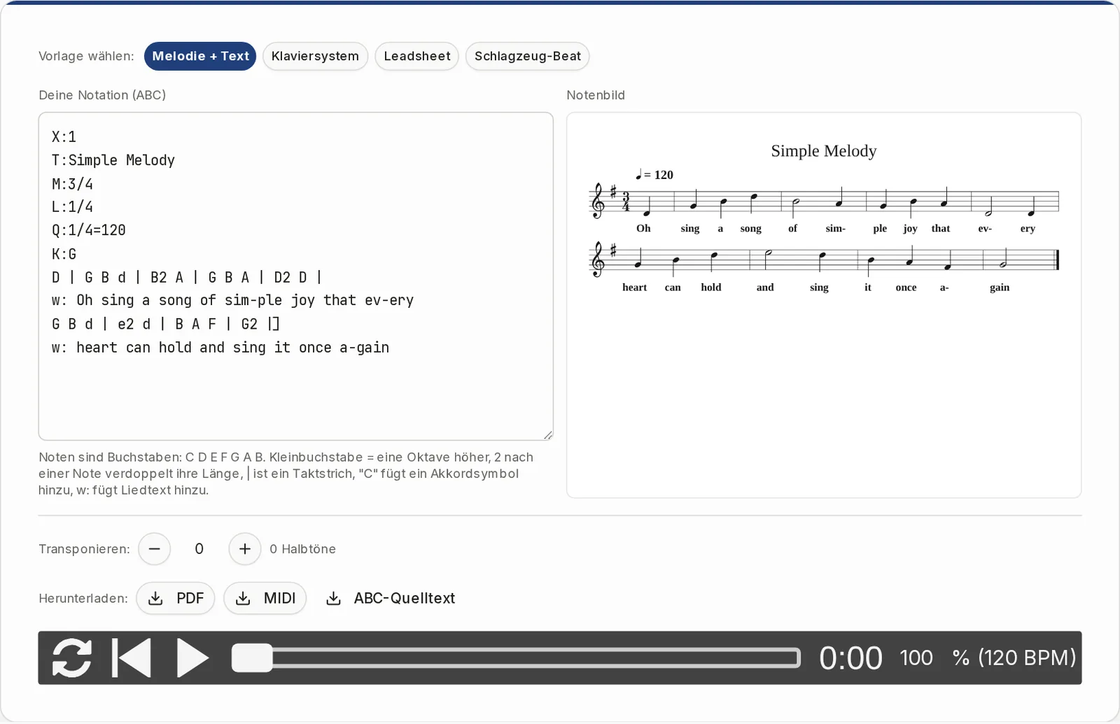 Der Editor von Partiturmaker: links der ABC-Text einer Melodie mit Liedtext, rechts das Notenbild, darüber Vorlagen, darunter Wiedergabe, Transponieren und Downloads