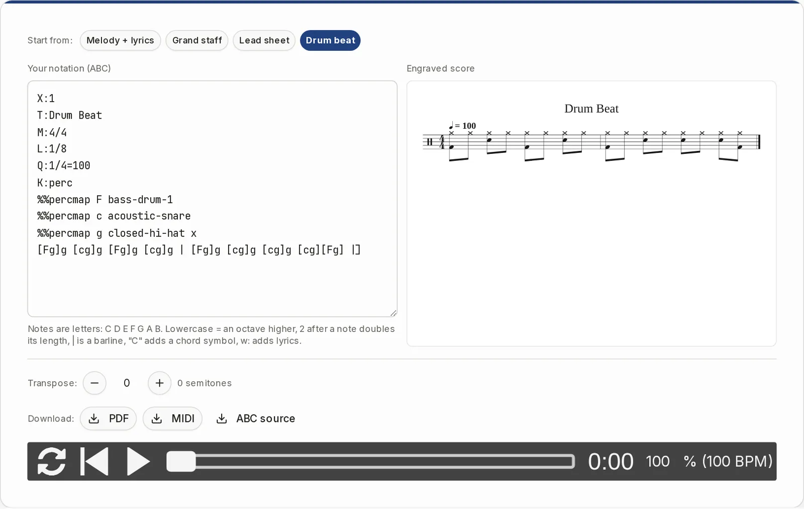 The editor with the Drum beat template: a percussion staff with bass drum, snare and hi-hat notes.