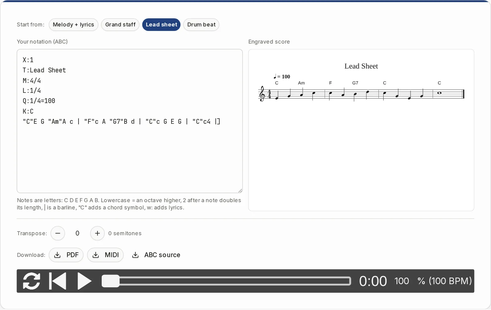 The editor with the Lead sheet template: a melody with chord symbols C, Am, F and G7 above the staff.