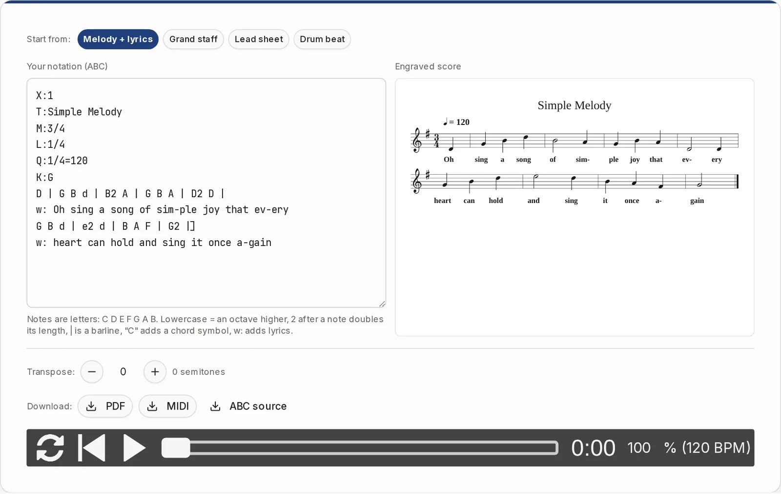 The editor with the Melody + lyrics template: ABC text on the left, the engraved staff with lyrics on the right, and the playback bar, transpose control and download buttons.