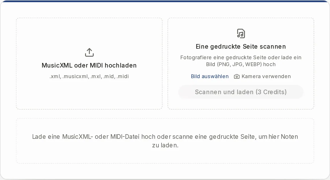 Die zwei Kästen vor dem Laden: links Datei hochladen, rechts eine gedruckte Seite scannen