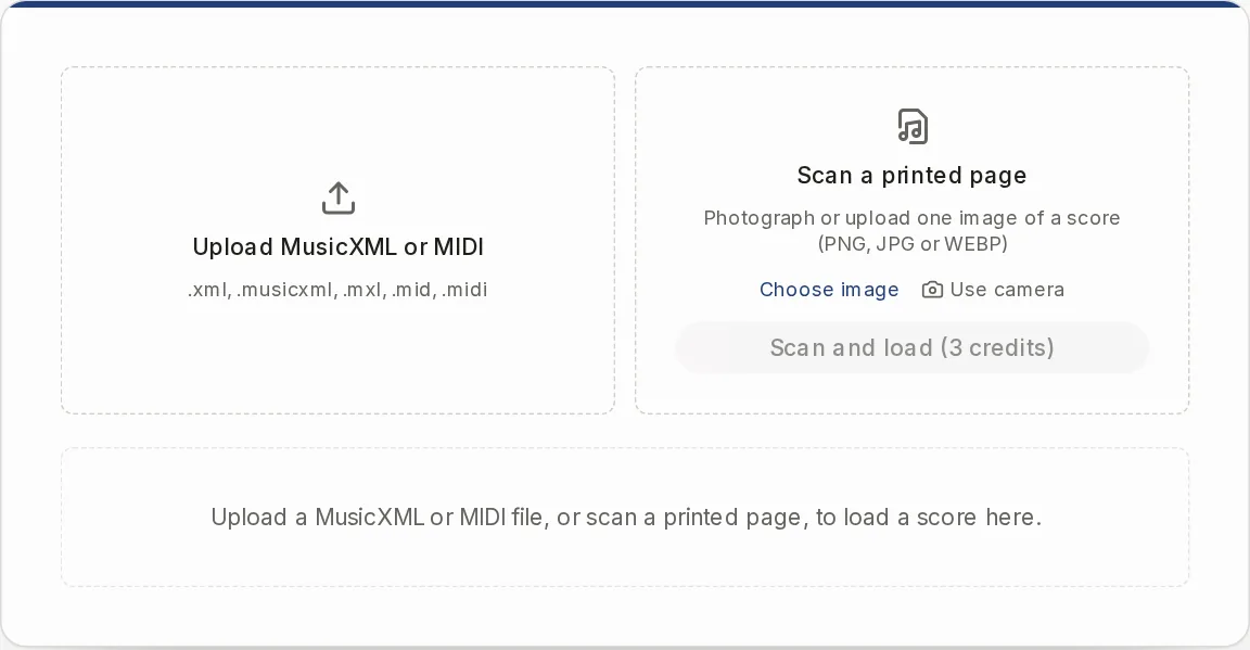 The two input boxes of the music transposer before a score is loaded: upload a file, or scan a printed page