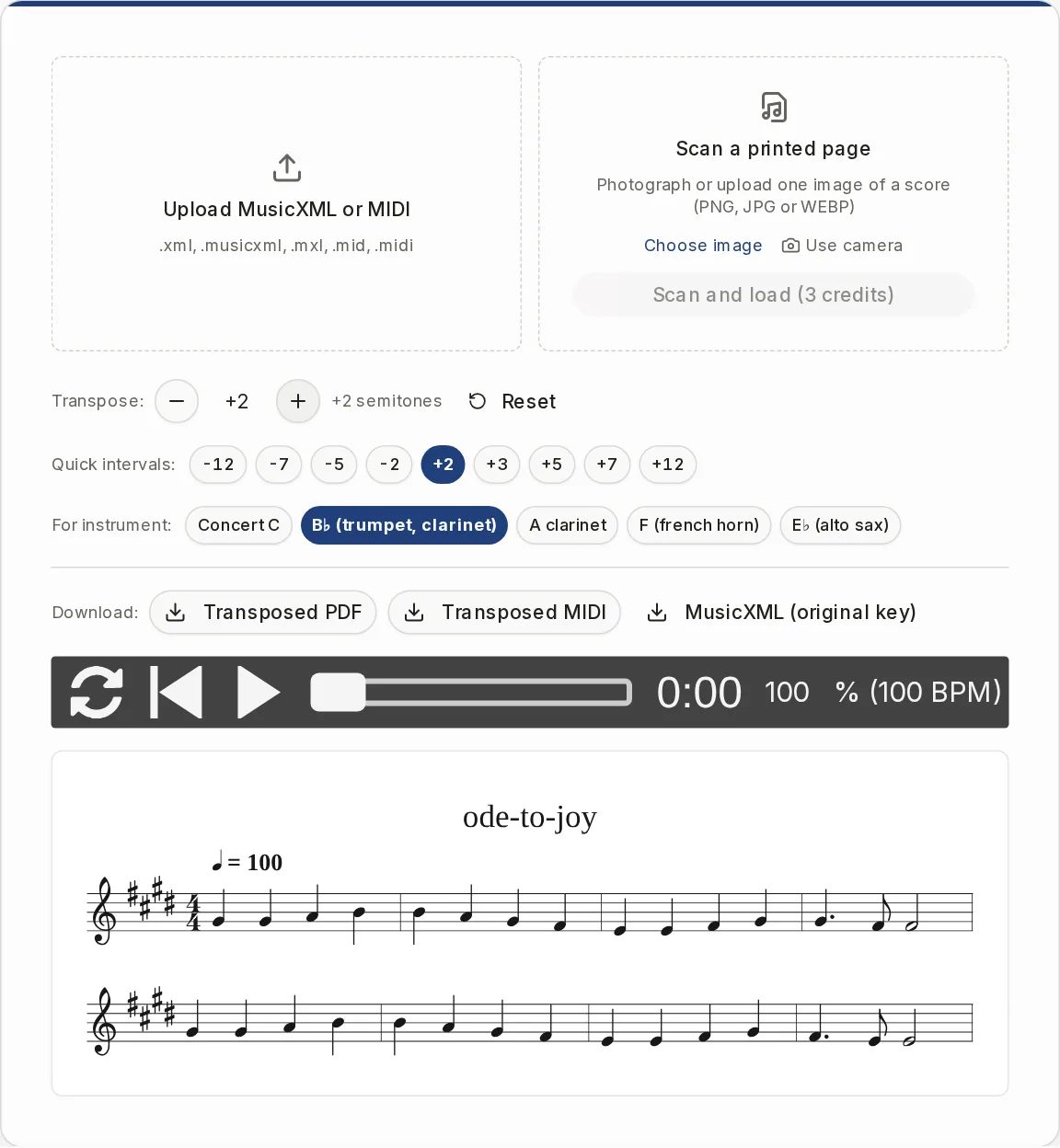 Partiturmaker music transposer with a score shifted up two semitones: new key signature, semitone counter, instrument presets and download buttons