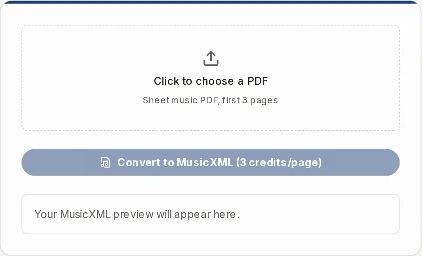 The PDF upload box, the Convert to MusicXML button with its price per page, and the empty preview area