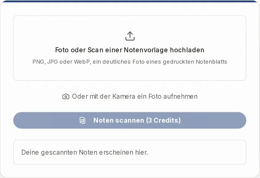 Scan-Kasten des Notenscanners mit Bildauswahl, Kameralink und dem Button Noten scannen