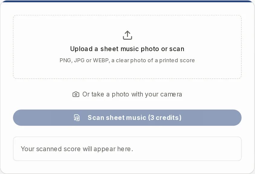 The Partiturmaker scan box with the upload area, the camera link and the Scan sheet music button